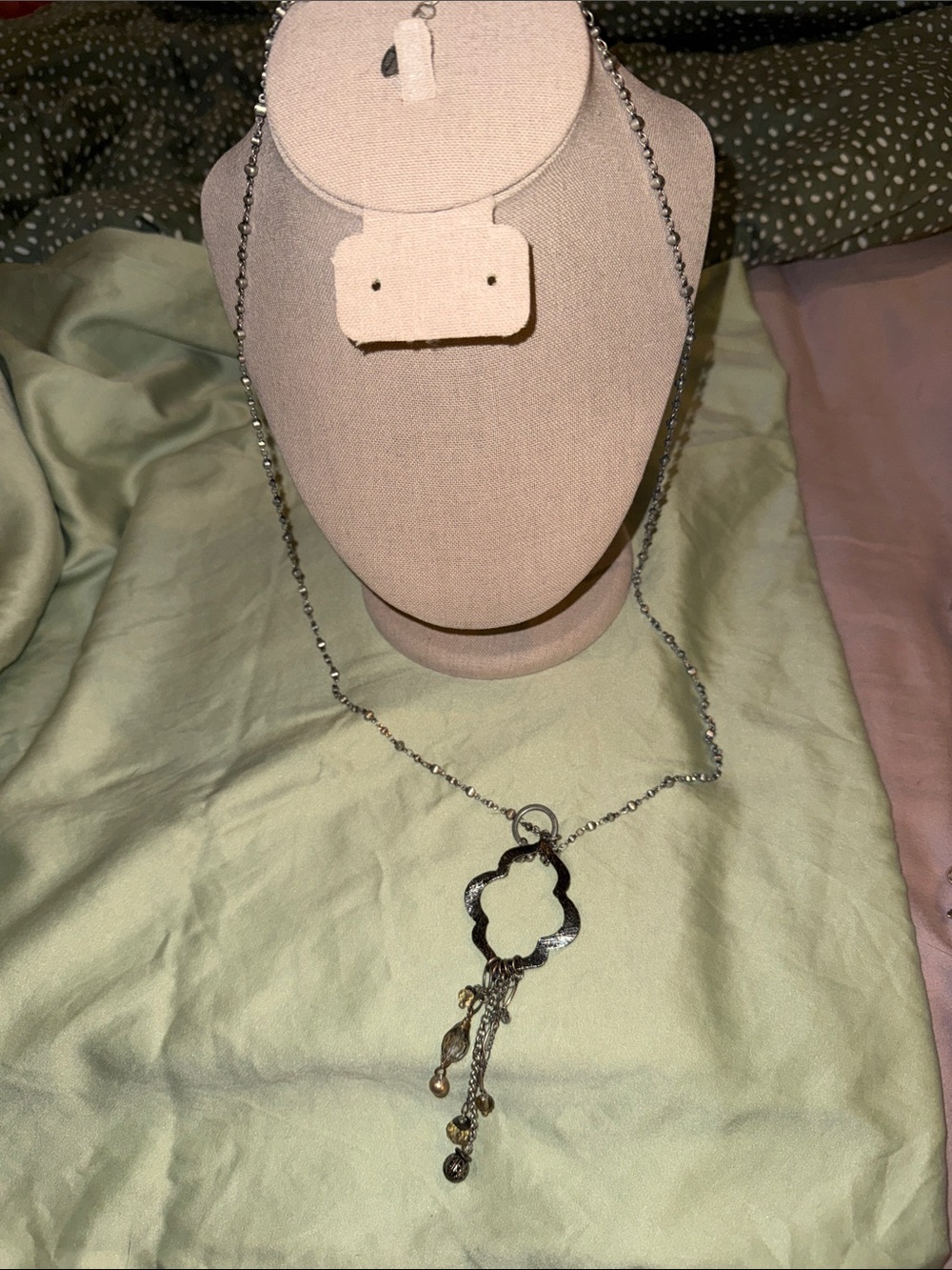 Source Unknown Silver Floral Quatrefoil Long Necklace with Dangles